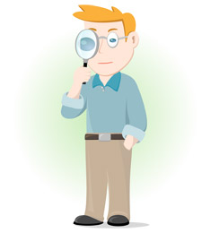 Illustration of man holding magnifying glass up to his eye