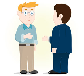 Illustration of man about to shake hands with car salesman