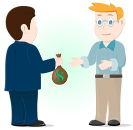 Car salesman giving a bag with a dollar sign on it to another man